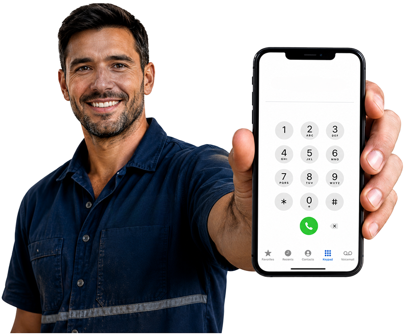 Cronulla Blocked Drains plumber holding a phone — call 1300 261 965