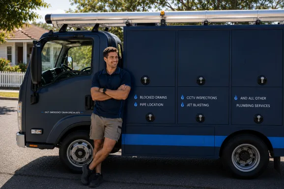 Plumber standing beside a service van in Cronulla