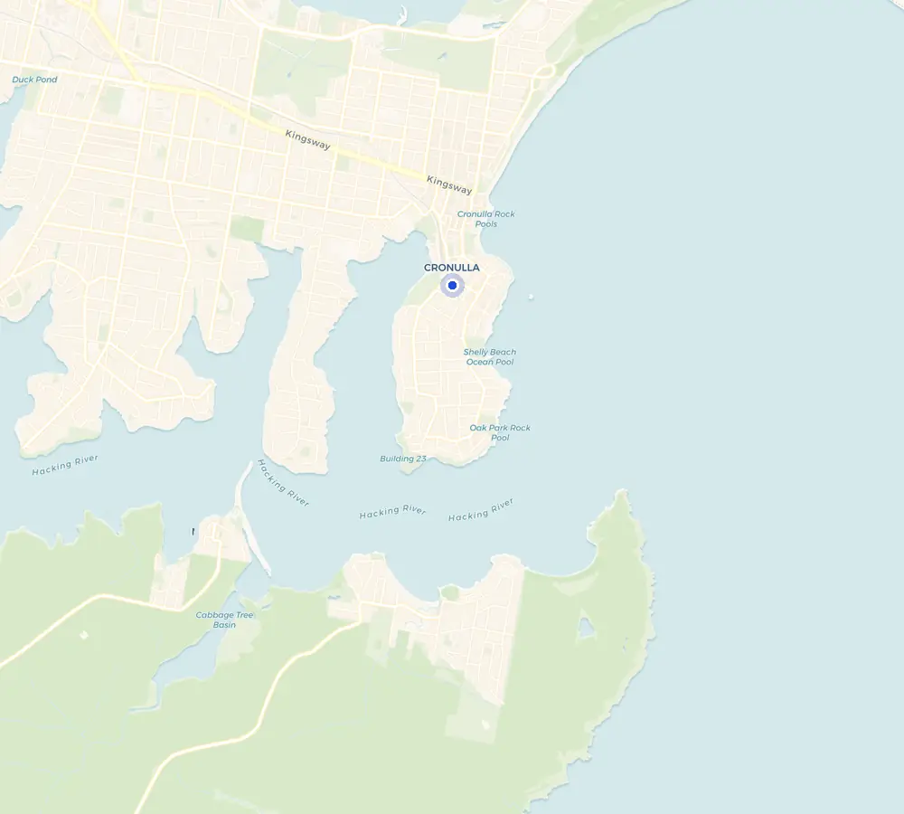 Map of the Cronulla service area and the surrounding Sutherland Shire, showing Cronulla and the nearby streets we cover.